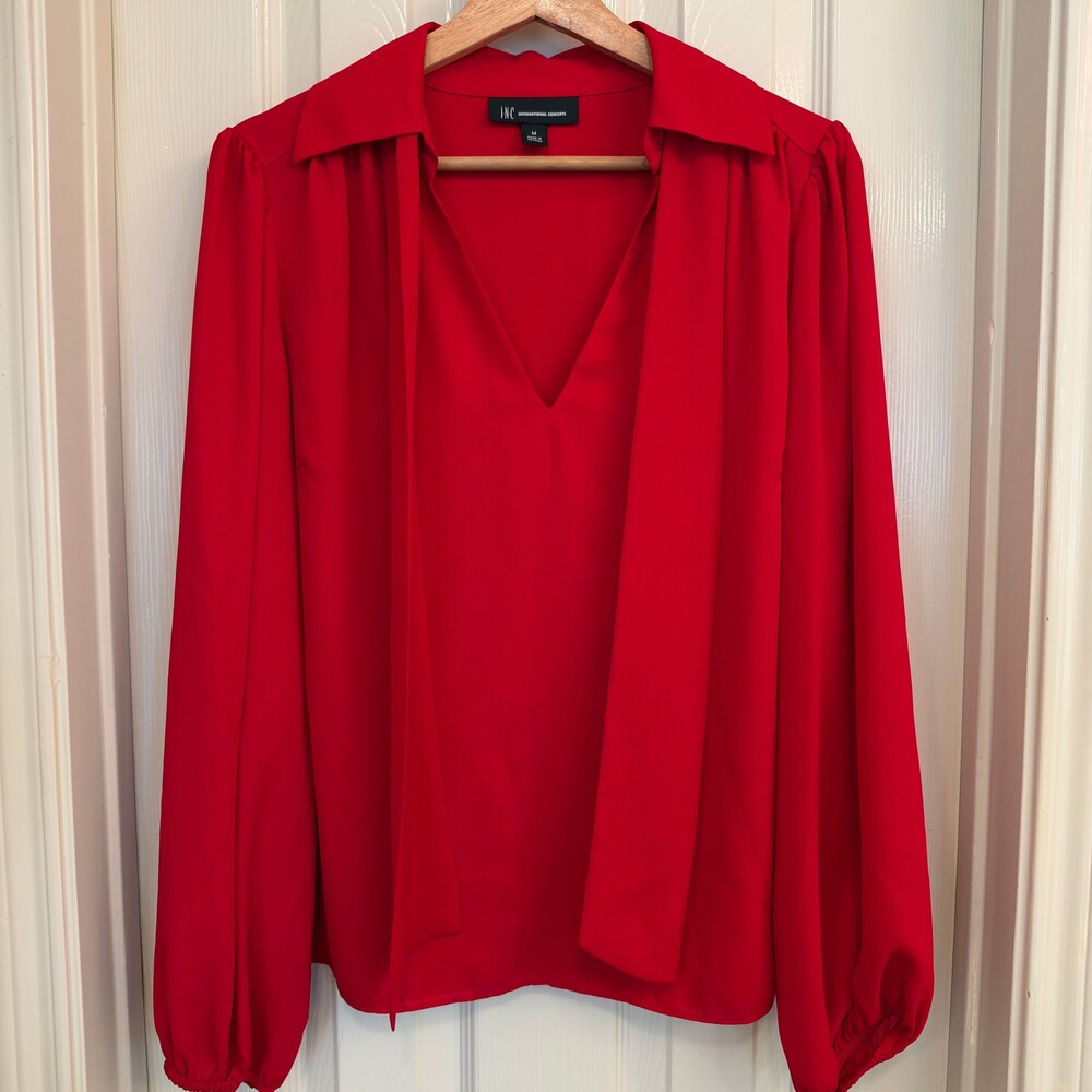 I.N.C International Concepts Medium Red Tie-Neck Long Sleeve Blouse